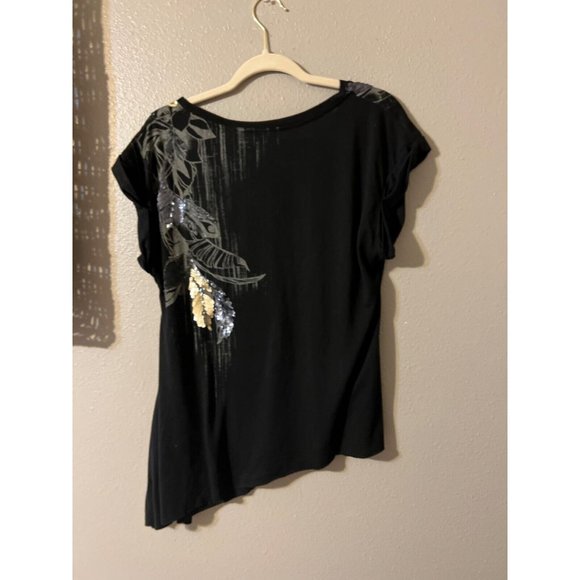 Miss Me TShirt Top M Medium Black Gold Gray Asymetrical Sequin Short Sleeve - Picture 3 of 6